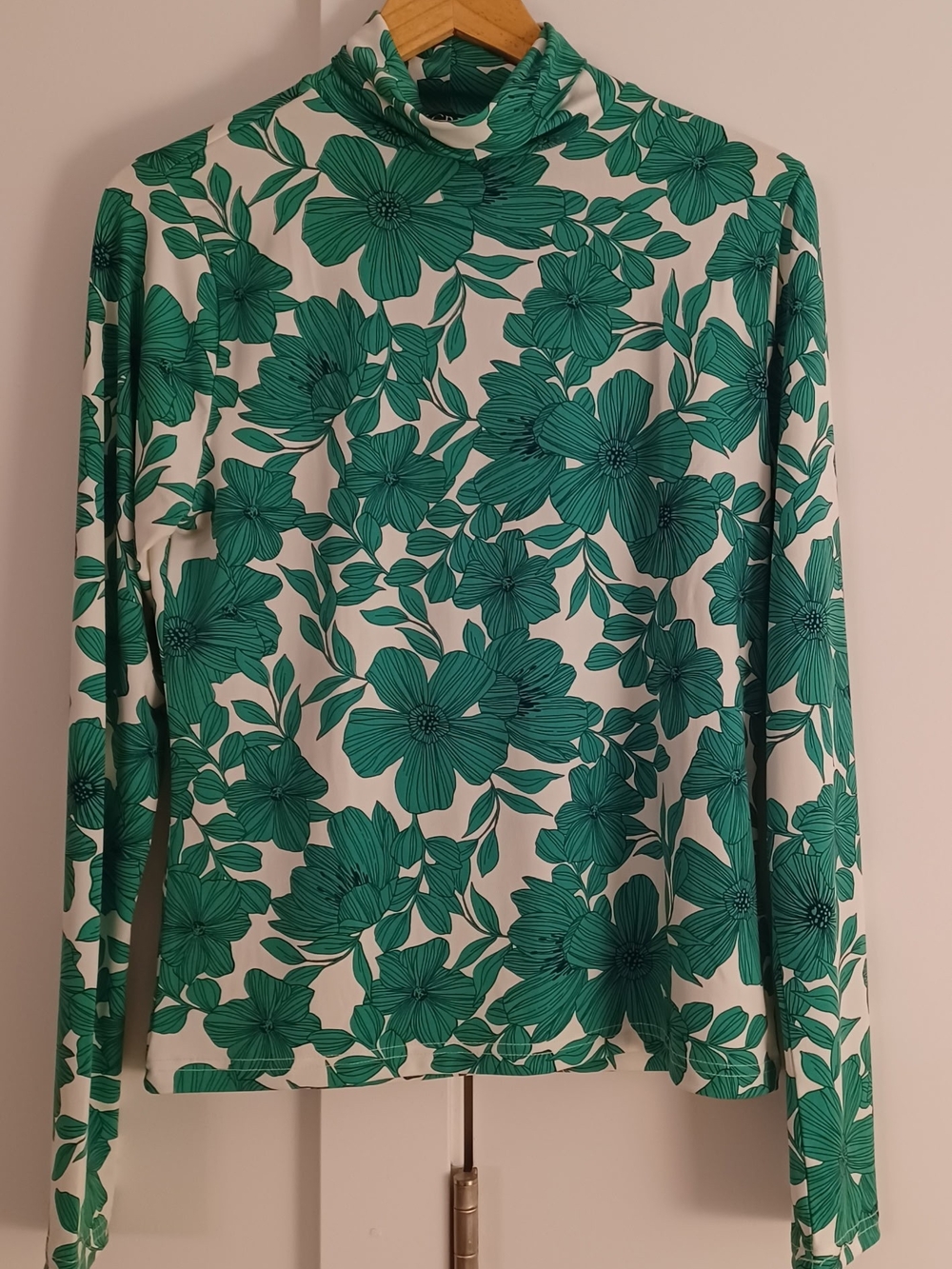 J. Crew White Mock Neck Top with Green Floral Print